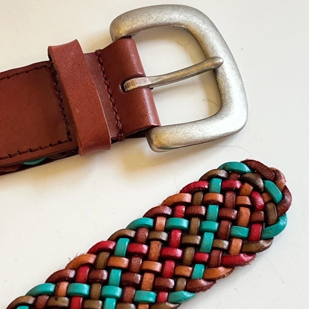 Fossil Genuine Leather Woven Braided Brown Turquoise Red Belt Casual Western